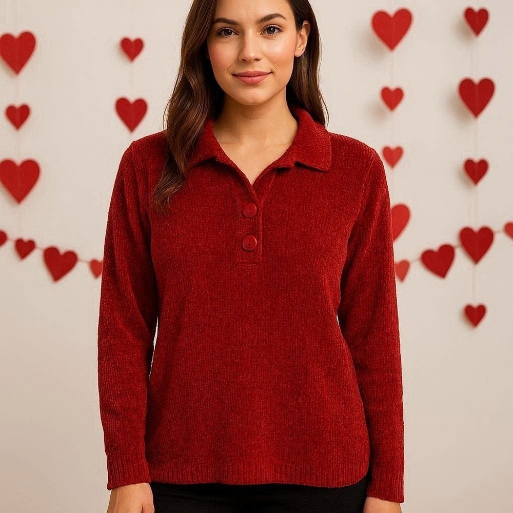Valentine's‎ Day Vintage Alfred Dunner Red Chenille Collared Pullover Sweater 1X